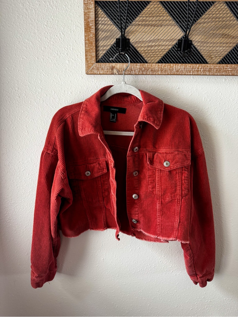 Forever 21 Red Cropped Corduroy Trucker Jacket